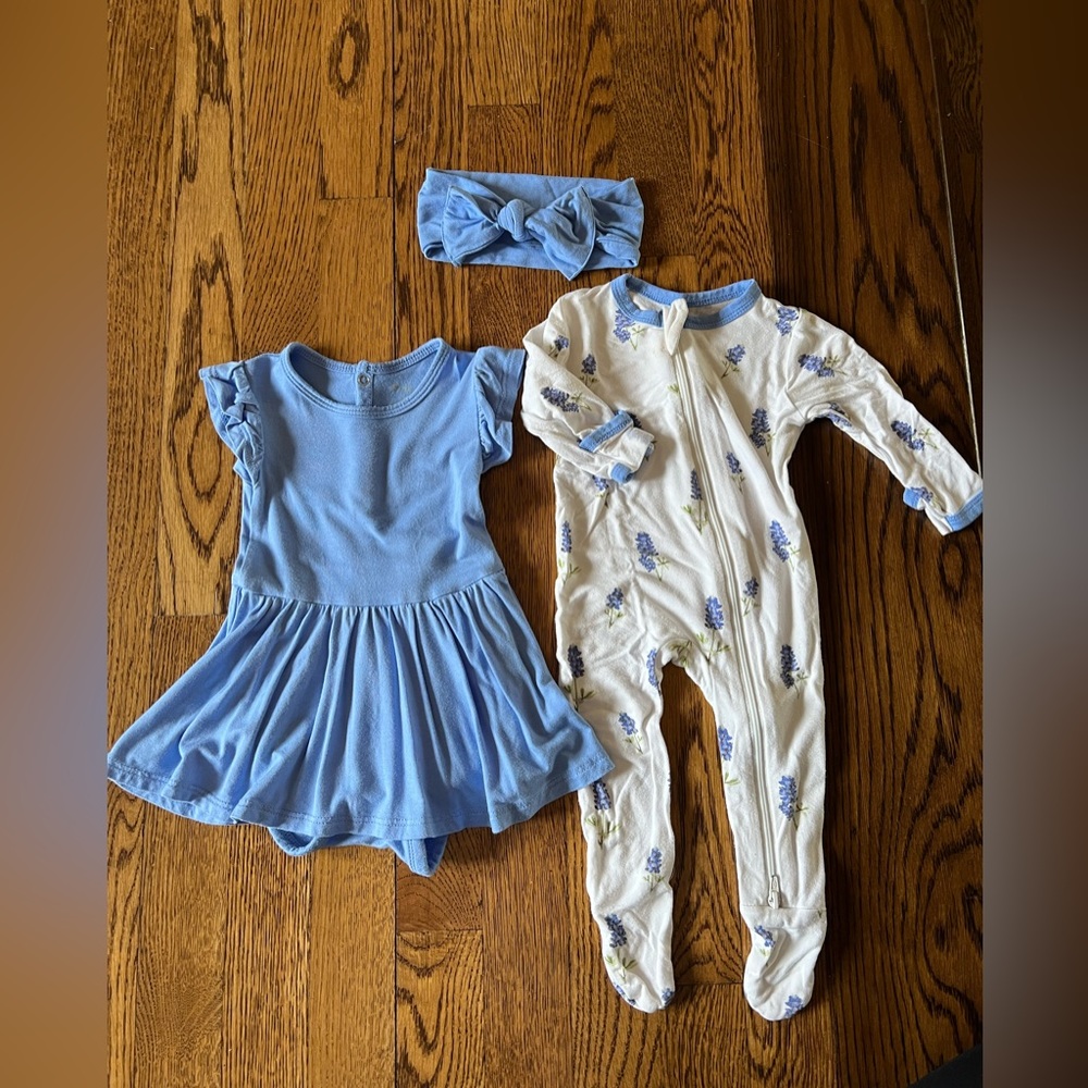 Kyle Baby bodysuit dress (3-6 mos), zippered footie (0-3 mos), and matching bow